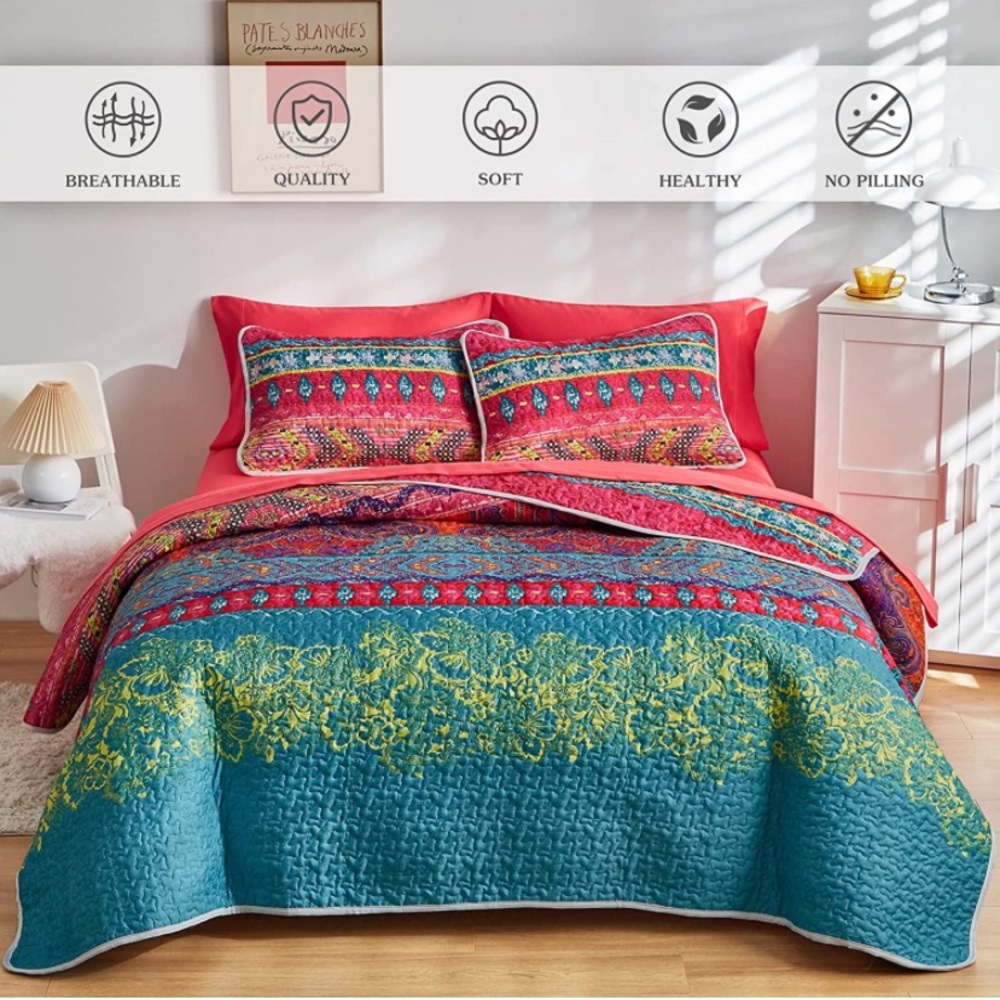 3-Piece Colorful Boho King Quilt Set Lightweight Bedspread/Coverlet - Picture 2 of 7